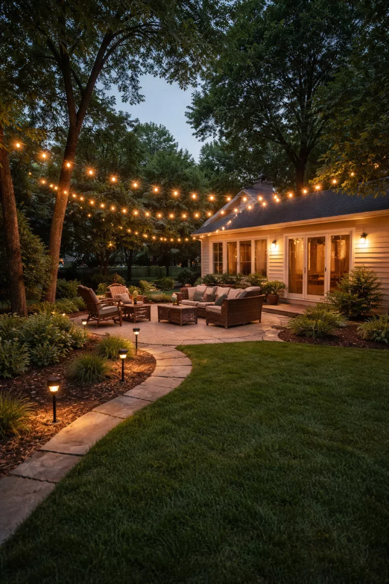 A realistic photo of a typical American home's backyard with warm white string lights draped overhead and small black solar path lights along the edge.