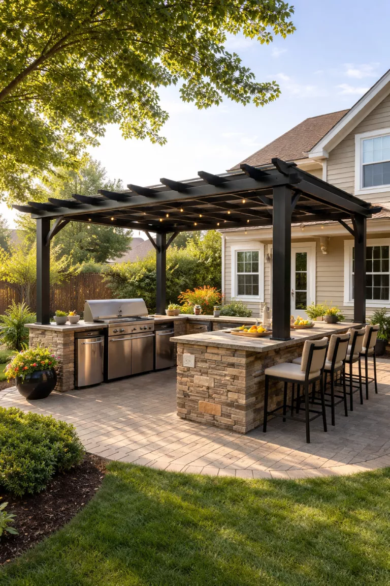 A realistic photo of a typical American home's backyard featuring a black metal pergola over an outdoor kitchen area with a stainless steel grill.