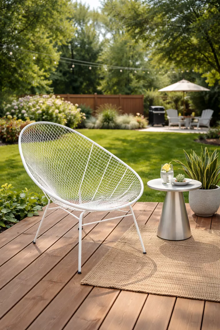 A realistic photo of a typical American home's backyard showing a white wire sculptural lounge chair and a small silver metal side table on a wooden deck.