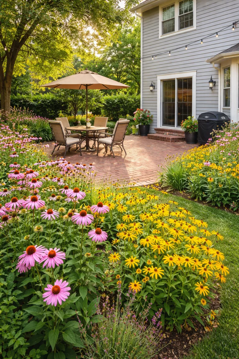 A realistic photo of a typical American home's backyard with colorful purple coneflowers and yellow black-eyed susans growing in a wild border around a brick patio.