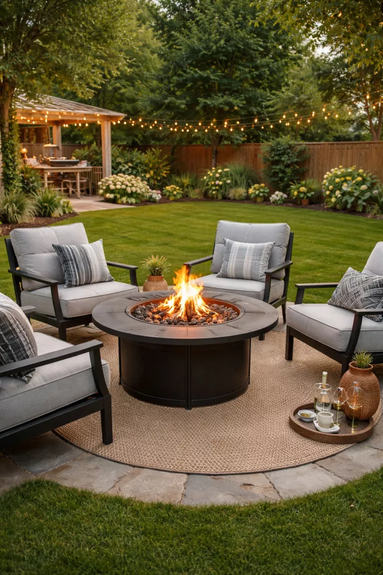 A realistic photo of a typical American home's backyard featuring a round black metal gas fire pit surrounded by grey cushioned chairs.