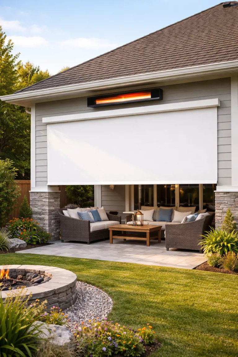 A realistic photo of a typical American home's backyard with a wall-mounted black outdoor smart heater and an automated white retractable screen.