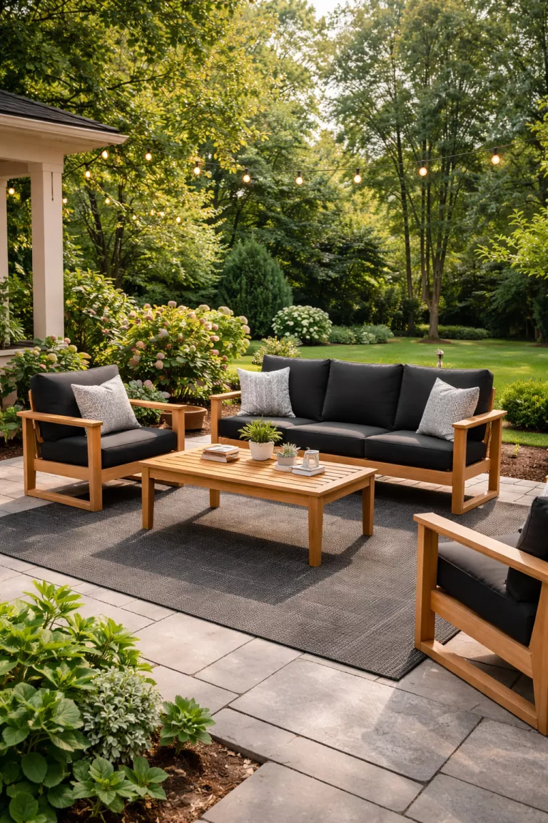 A realistic photo of a typical American home's backyard with black weatherproof cushions on light oak furniture and a charcoal textured outdoor rug.