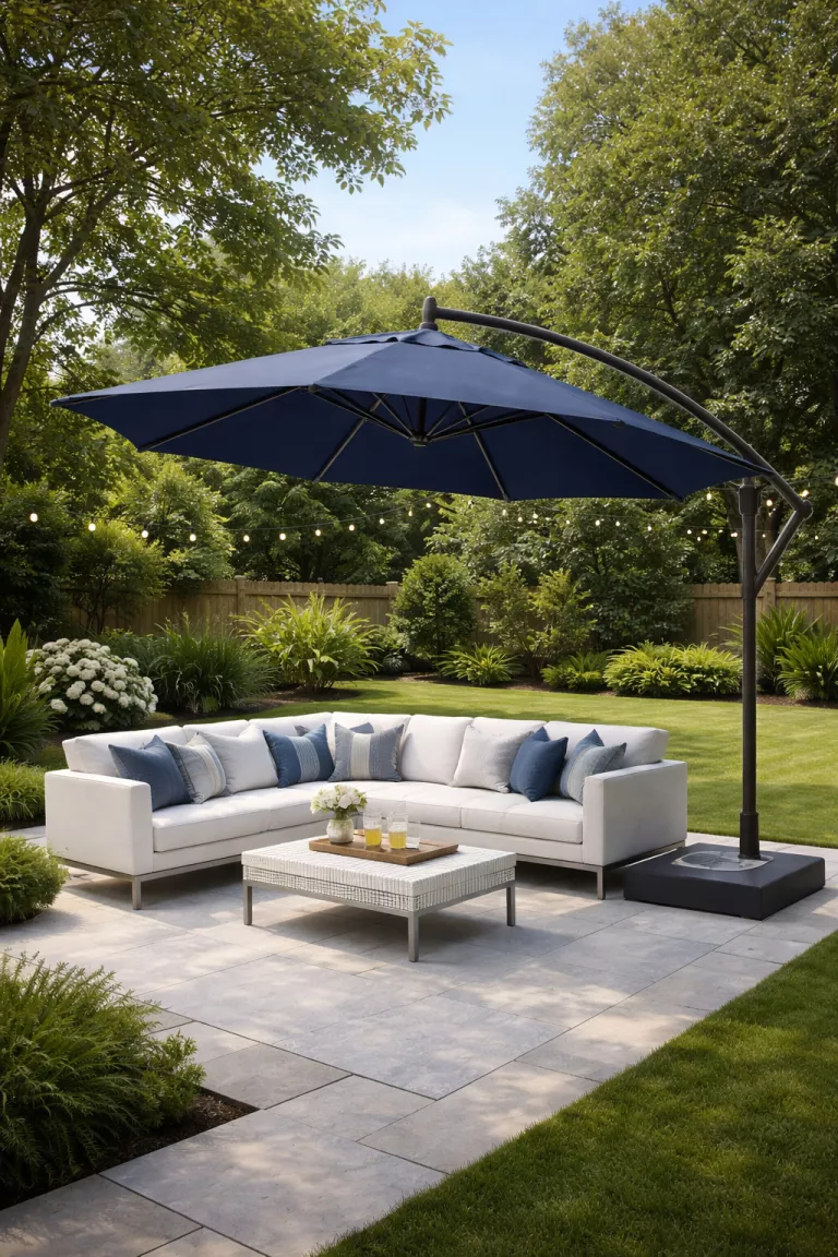 A realistic photo of a typical American home's backyard featuring a large navy blue flat cantilever umbrella shading a modern white outdoor sectional.