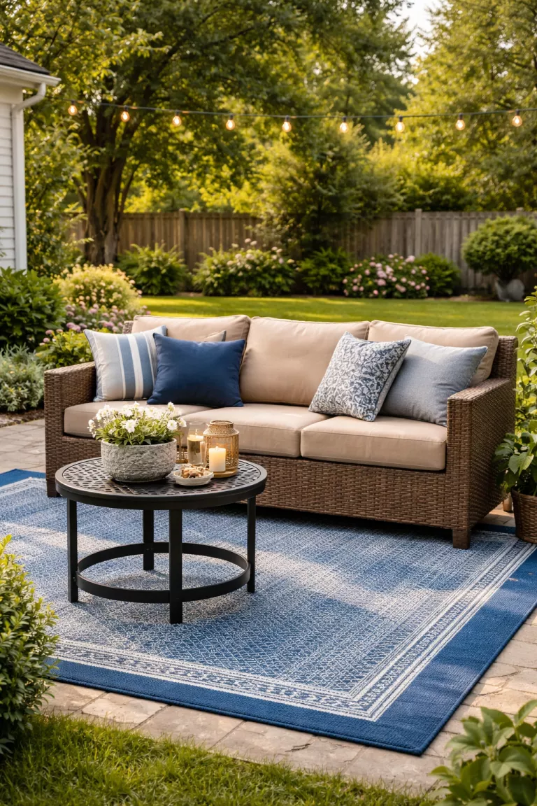 A realistic photo of a typical American home's backyard featuring a mix of a brown wicker sofa, a black metal side table, and a blue woven rug.