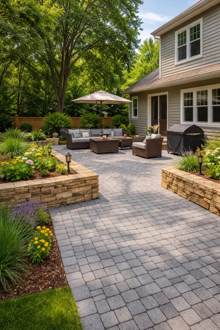 A realistic photo of a typical American home's backyard with grey permeable gravel pavers and a low wall made of stacked natural tan stones.