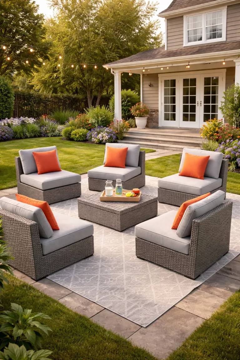 A realistic photo of a typical American home's backyard showing a light grey modular sectional with orange throw pillows that can be rearranged into separate chairs.