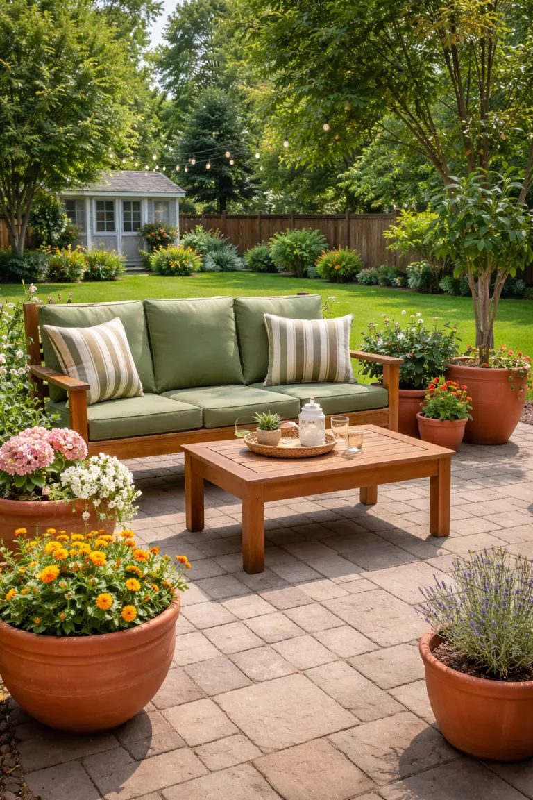 A realistic photo of a typical American home's backyard with terracotta colored planters and olive green seat cushions on a wooden bench.