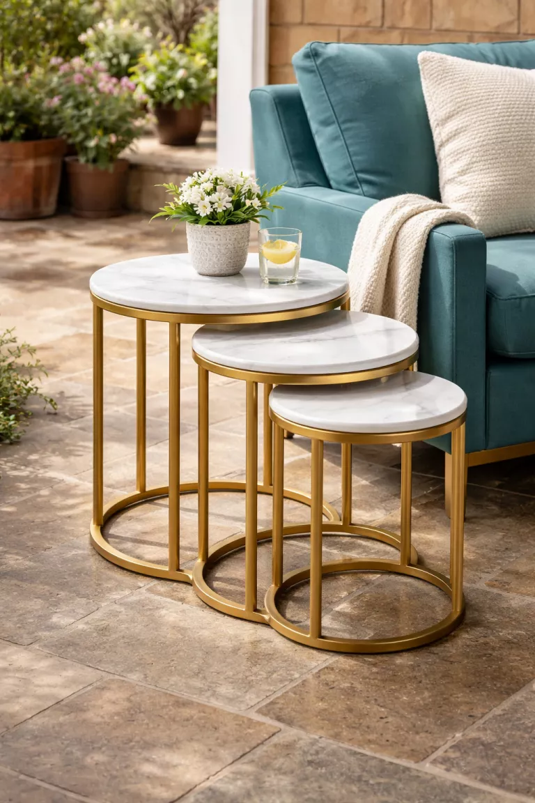 A realistic photo of a patio showing a set of three nesting side tables made of gold finished metal with white marble tops, arranged near a comfortable teal armchair on a stone floor.