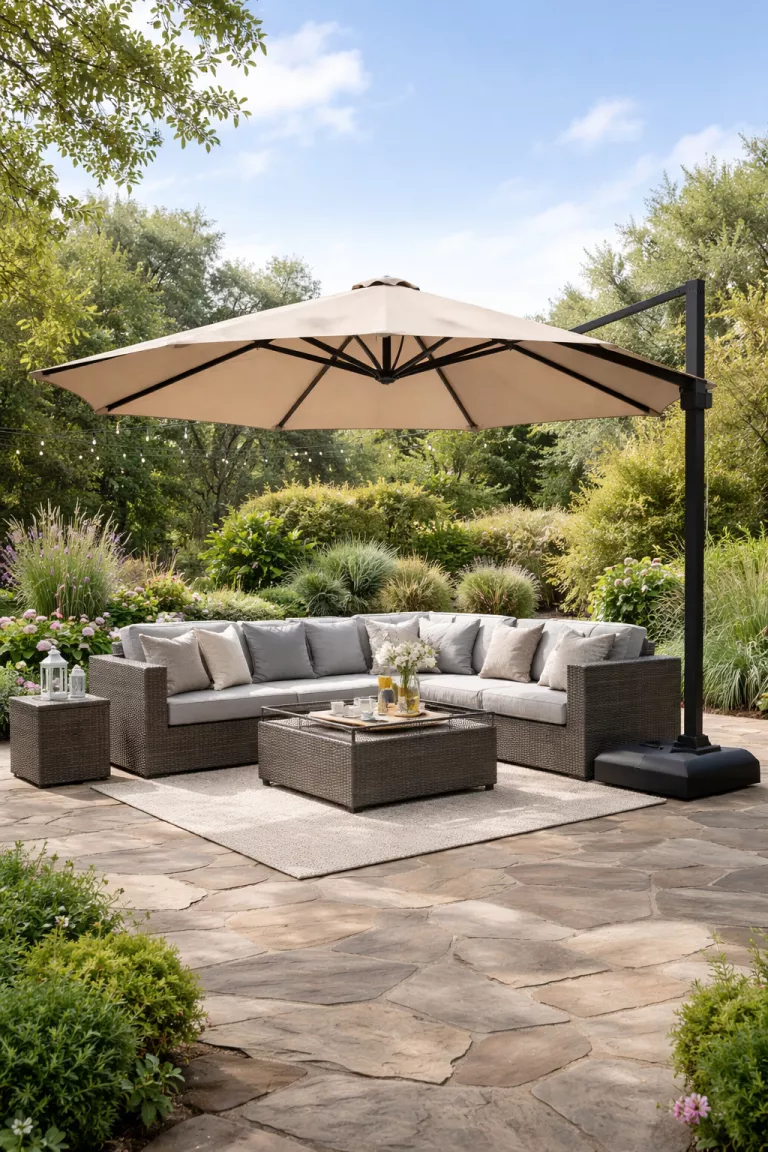 A realistic photo of a patio featuring a massive ten foot wide sand colored cantilever umbrella with a black base, providing shade over a grey rattan sectional sofa on a flagstone patio.