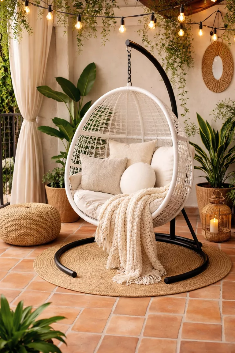 A realistic photo of a patio displaying a white bohemian style hanging egg chair with a black metal stand, filled with soft cream colored pillows and a chunky knit throw blanket on a terracotta tiled floor.