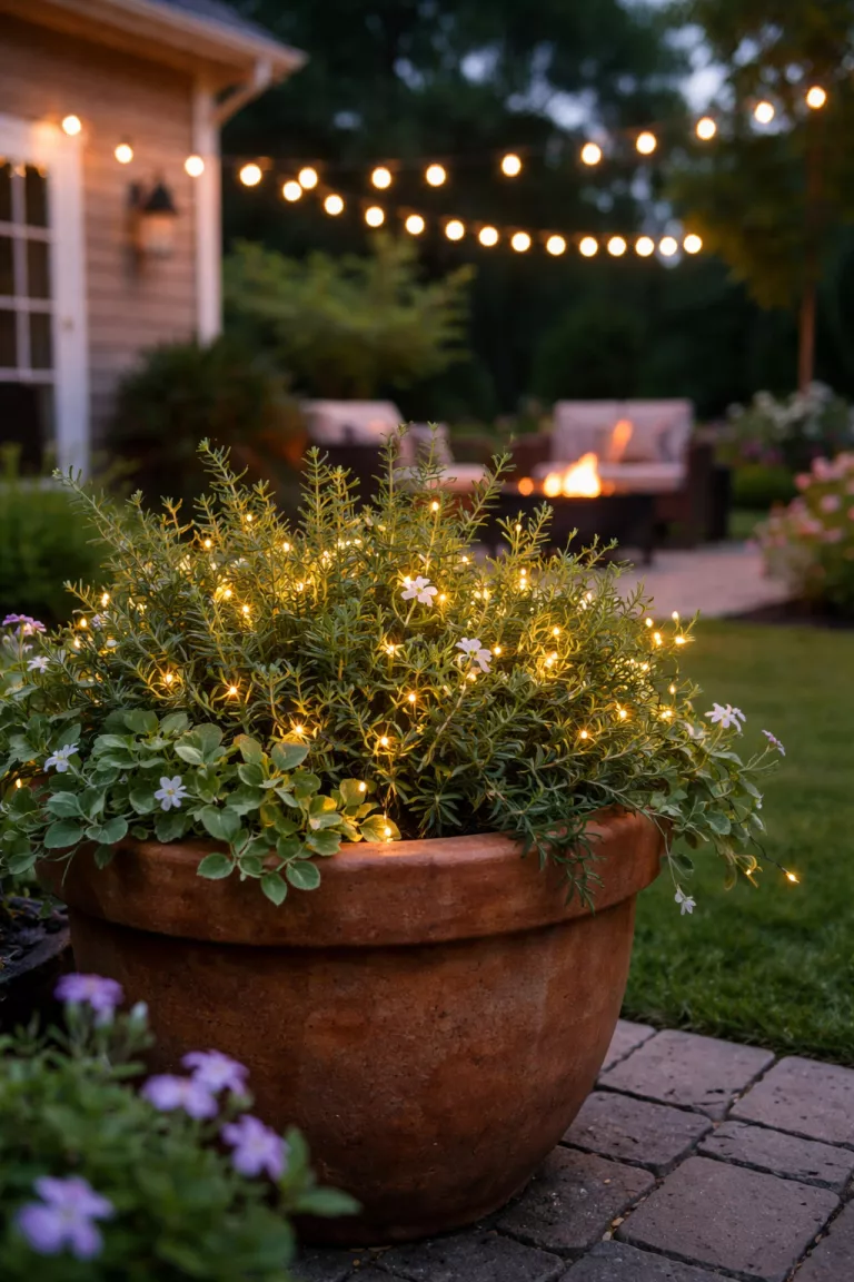 A realistic photo of a typical American home's backyard showing tiny warm white solar fairy lights woven through green plants in a terracotta planter.