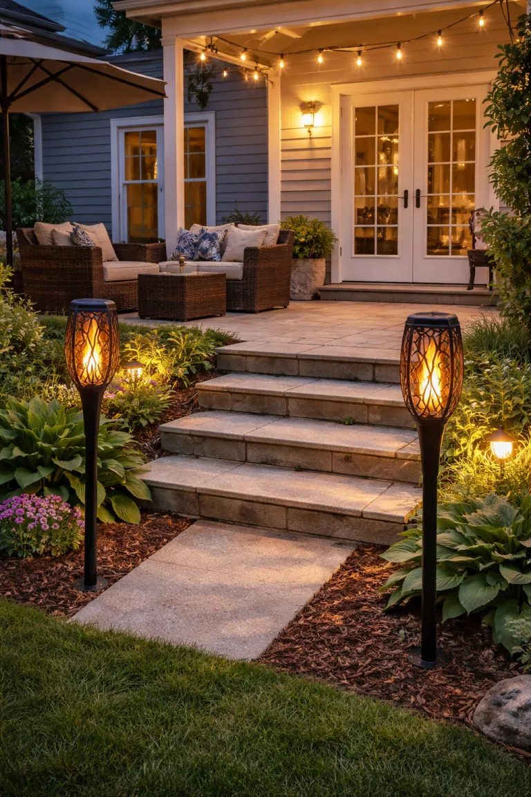 A realistic photo of a typical American home's backyard featuring tall black solar powered flameless torches flanking the steps of a patio entrance.