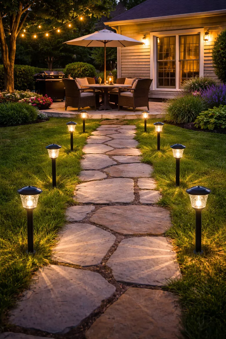 A realistic photo of a typical American home's backyard with black solar powered pathway stakes illuminating a stone walkway leading to a stone patio.