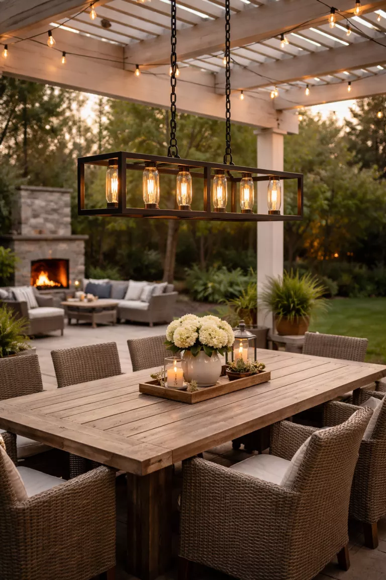 A realistic photo of a typical American home's backyard showing an industrial style metal chandelier hanging above a large wooden outdoor dining table.