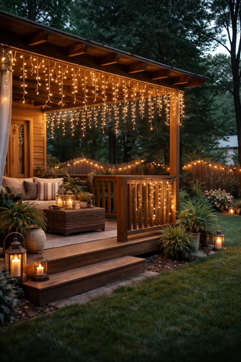 A realistic photo of a typical American home's backyard with warm white icicle string lights hanging gracefully from a wooden patio railing.