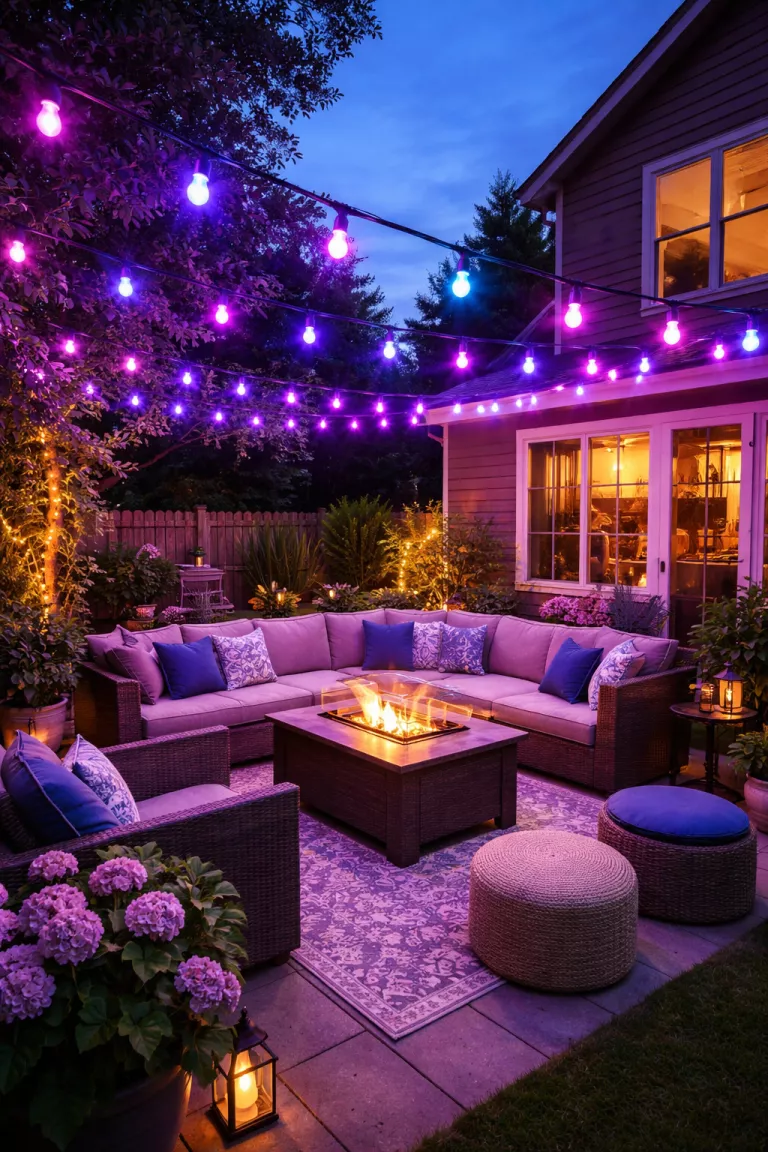 A realistic photo of a typical American home's backyard with purple and blue color changing led string lights hanging over a modern outdoor lounge area.