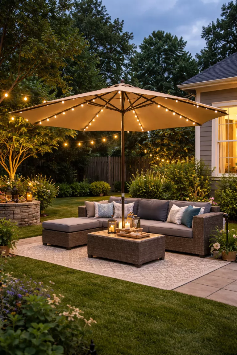 A realistic photo of a typical American home's backyard featuring a large tan patio umbrella with integrated led rib lights over a seating area.