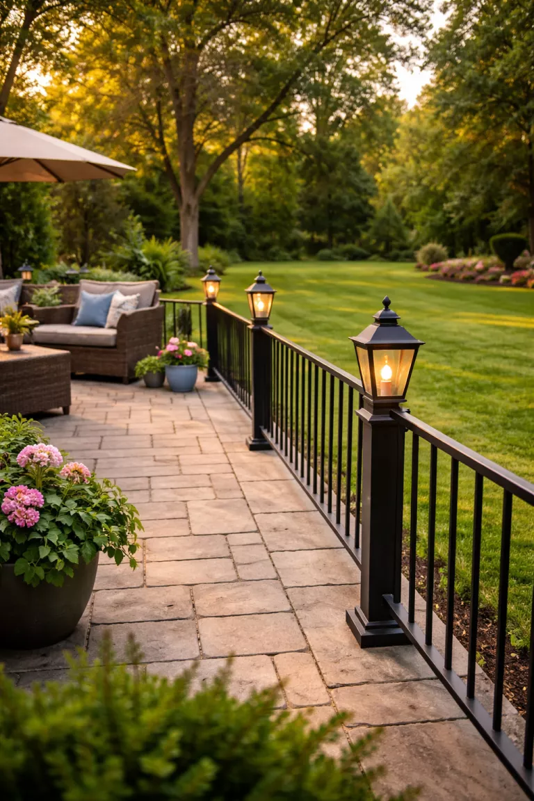 A realistic photo of a typical American home's backyard with classic black metal post lanterns installed along the edge of a patio railing.