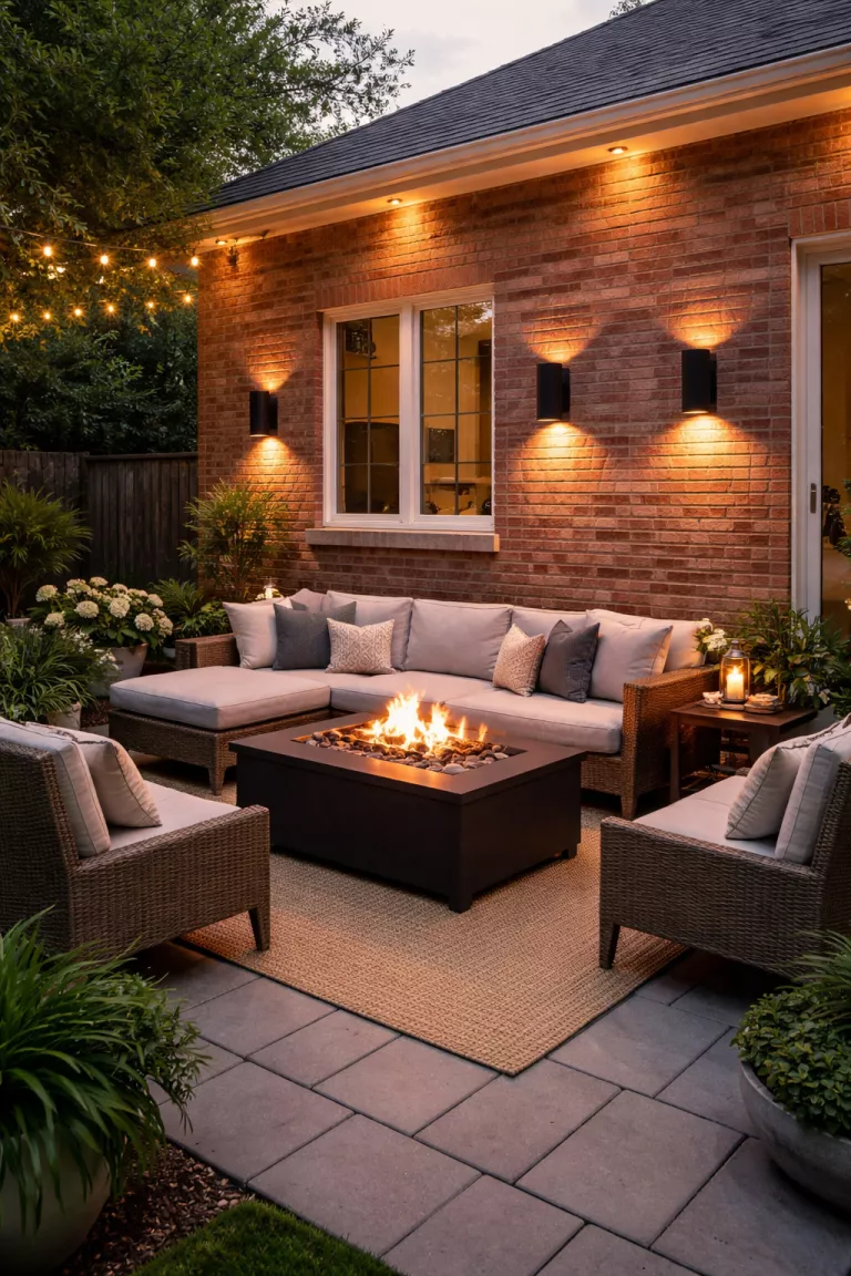 A realistic photo of a typical American home's backyard featuring modern matte black wall mounted sconces casting a soft glow against a brick patio wall.