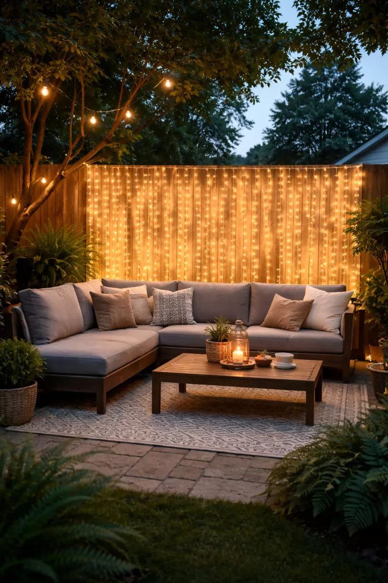 A realistic photo of a typical American home's backyard featuring a wall of warm white curtain lights hanging behind a modern outdoor sofa.