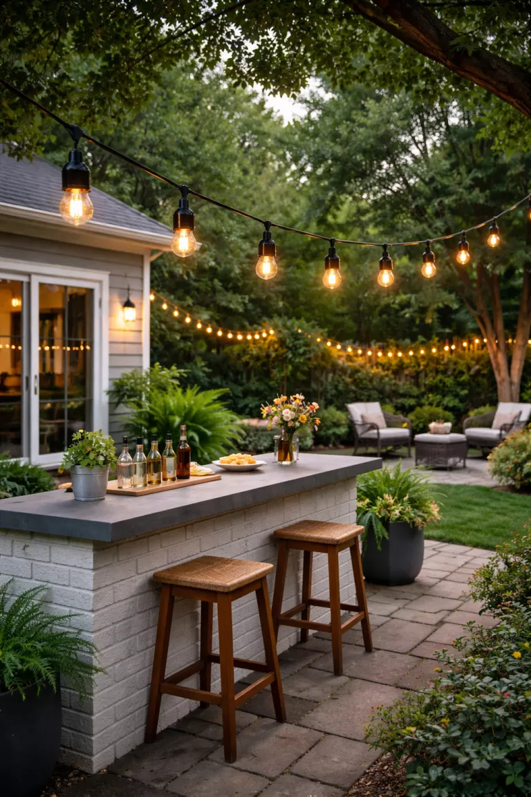 A realistic photo of a typical American home's backyard featuring a chain of black battery operated pendant lights hanging above an outdoor bar.