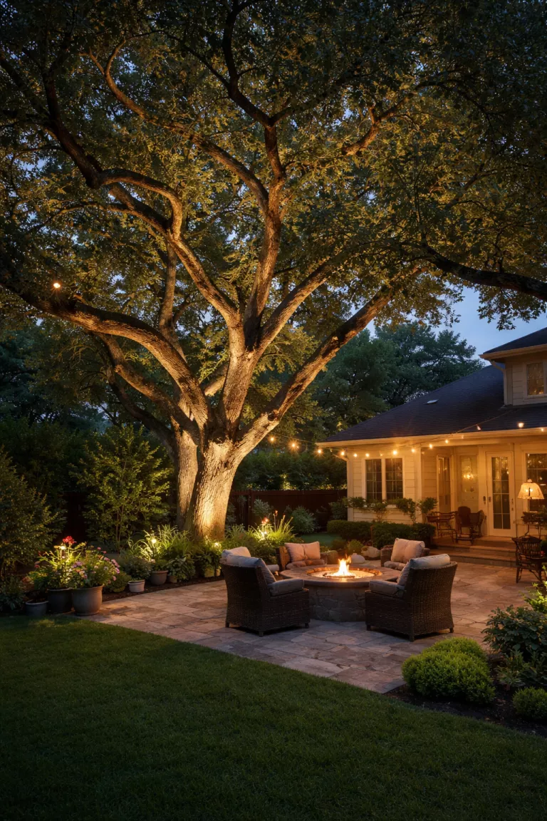 A realistic photo of a typical American home's backyard with warm white ground spotlights shining upward into the branches of a large oak tree near a patio.