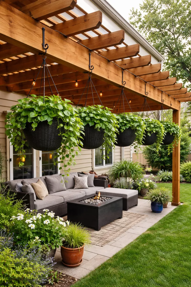 A realistic photo of a typical American home's backyard featuring a line of large black hanging baskets with overflowing green pothos plants hanging from the edge of a wooden pergola.