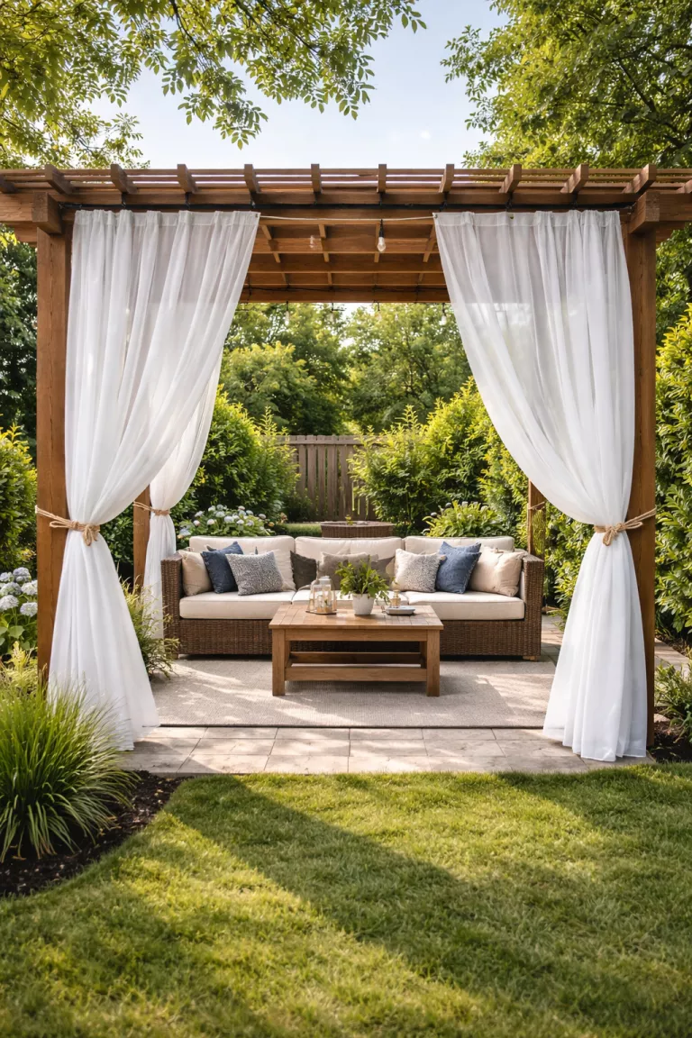 A realistic photo of a typical American home's backyard featuring breezy white outdoor curtains hanging from a black metal rod on a wooden pergola, tied back with simple nautical rope.