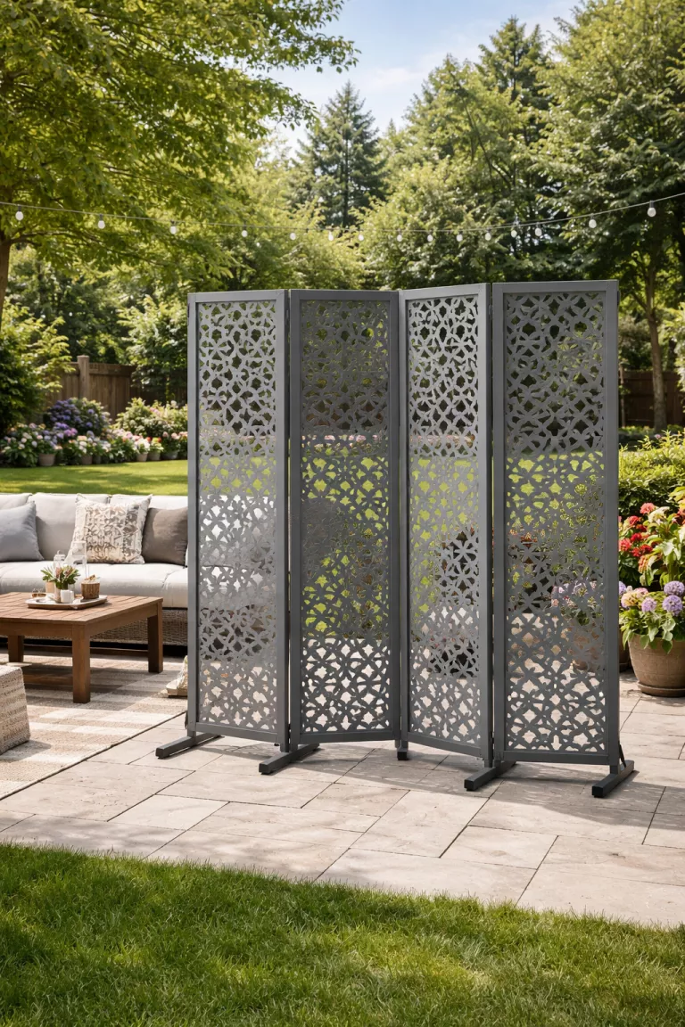 A realistic photo of a typical American home's backyard featuring a portable gray metal room divider with intricate geometric cutouts standing on a stone patio next to modern outdoor furniture.