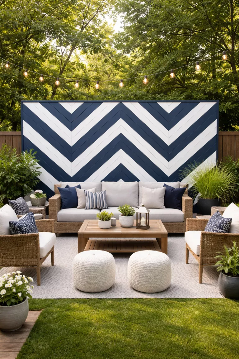 A realistic photo of a typical American home's backyard featuring a bold chevron patterned wood privacy wall painted in navy blue and bright white, standing behind a modern seating area.