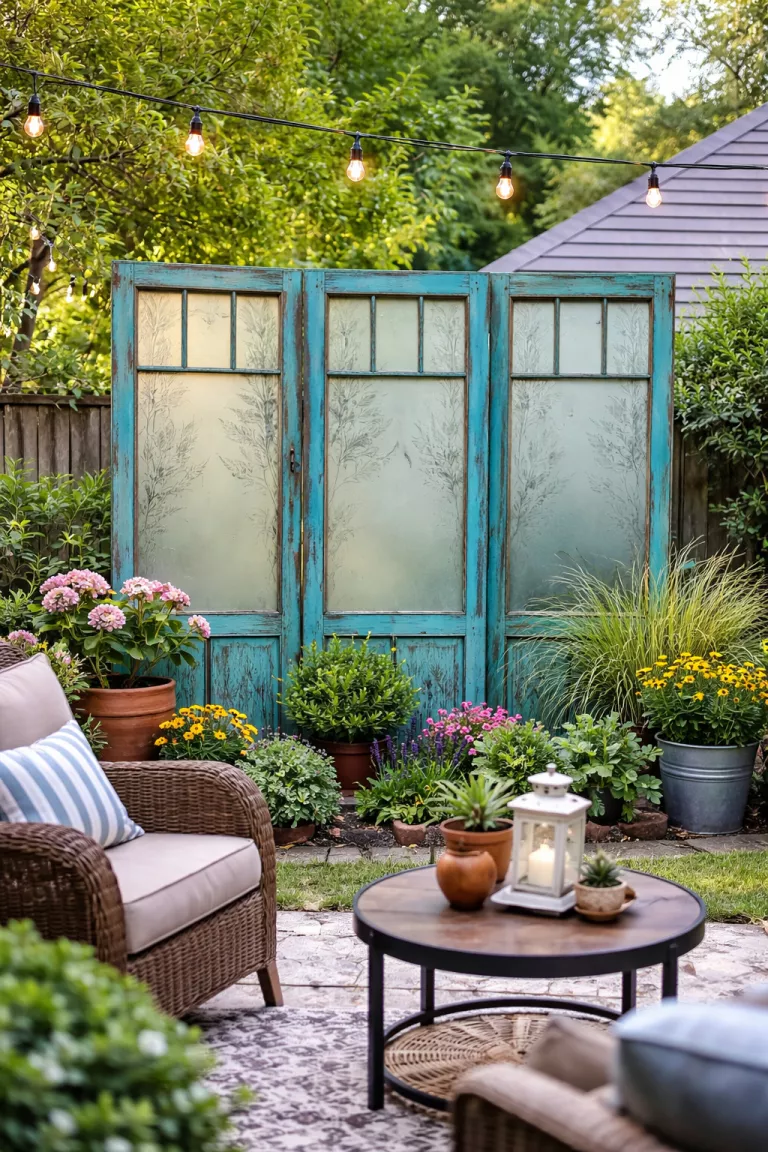 A realistic photo of a typical American home's backyard featuring an eclectic privacy screen made of three antique wooden window frames with frosted glass film and turquoise paint.