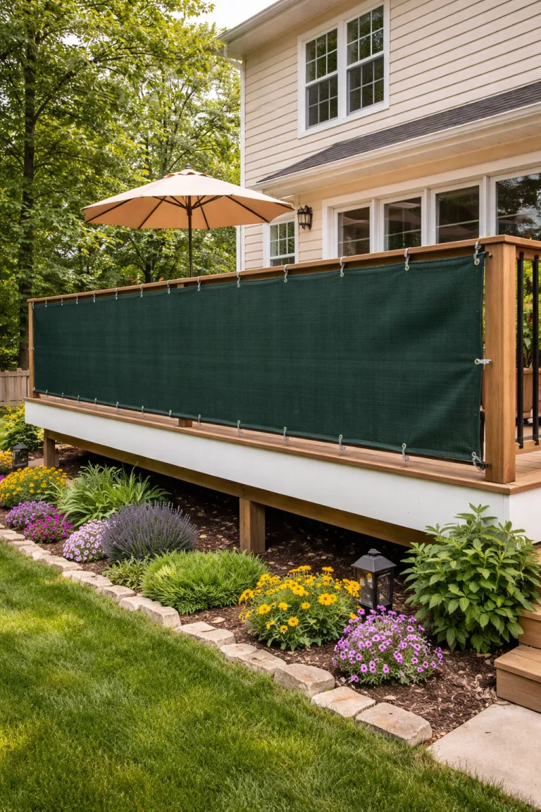 A realistic photo of a typical American home's backyard featuring a dark green privacy mesh screen tightly stretched over a balcony railing using silver metal carabiner clips.