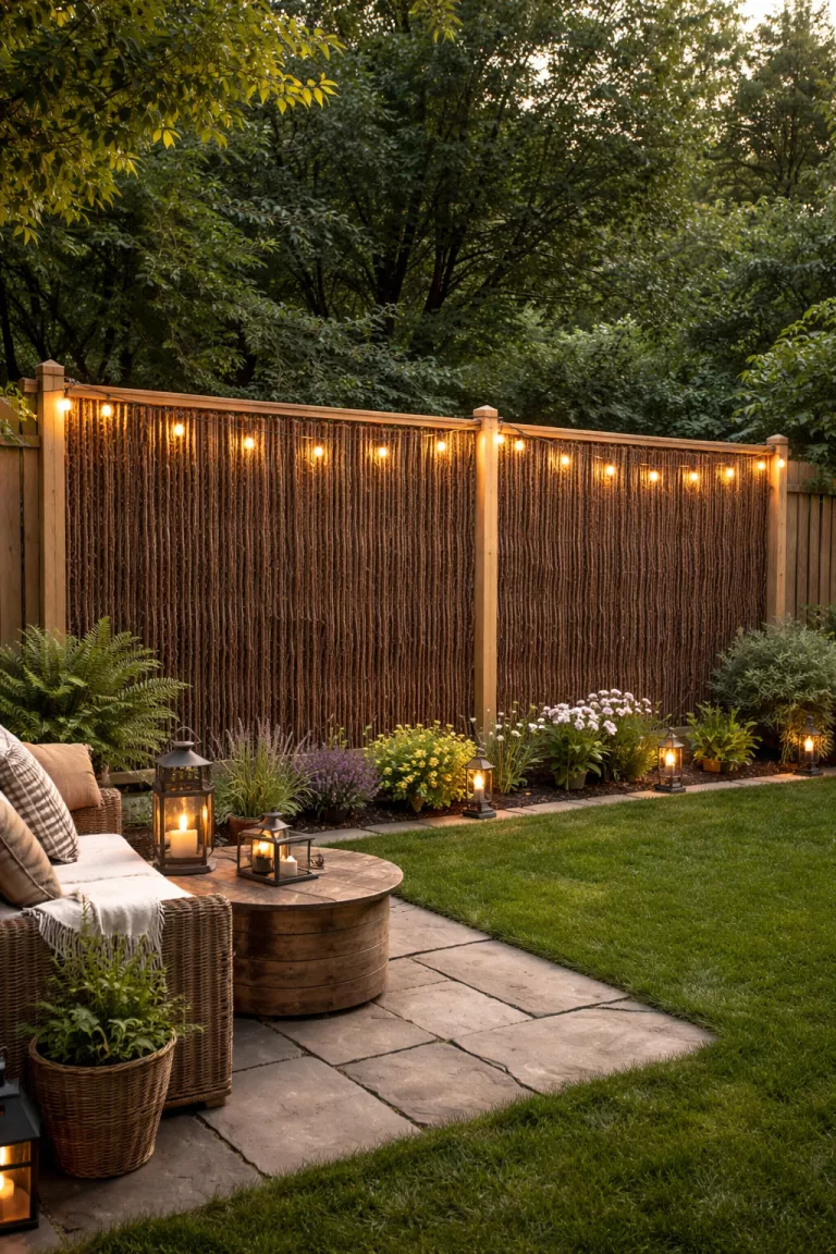 A realistic photo of a typical American home's backyard featuring a rustic brown willow branch fencing roll attached to a simple timber frame, decorated with warm white string lights.