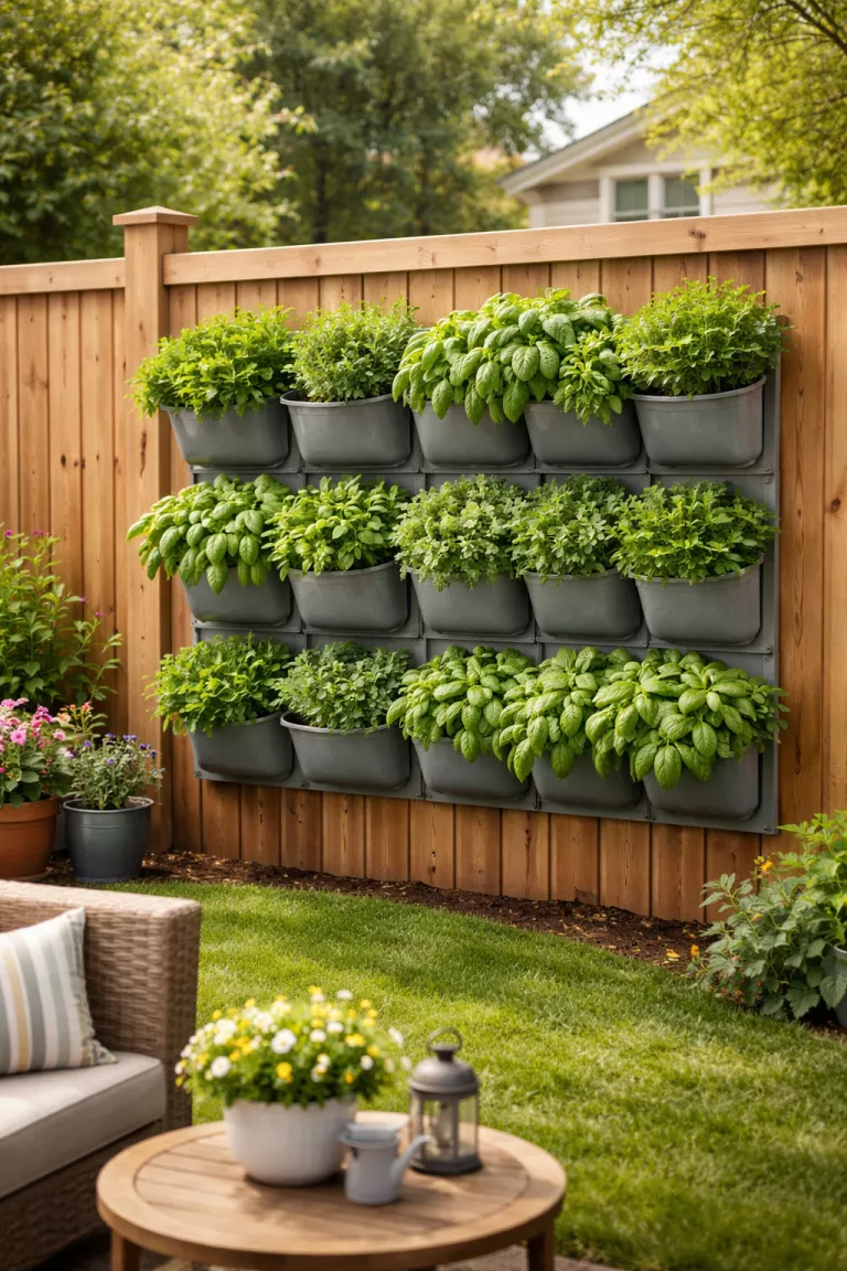 A realistic photo of a typical American home's backyard featuring a vertical herb garden with gray plastic pocket planters mounted on a wooden fence, filled with overflowing basil and mint.
