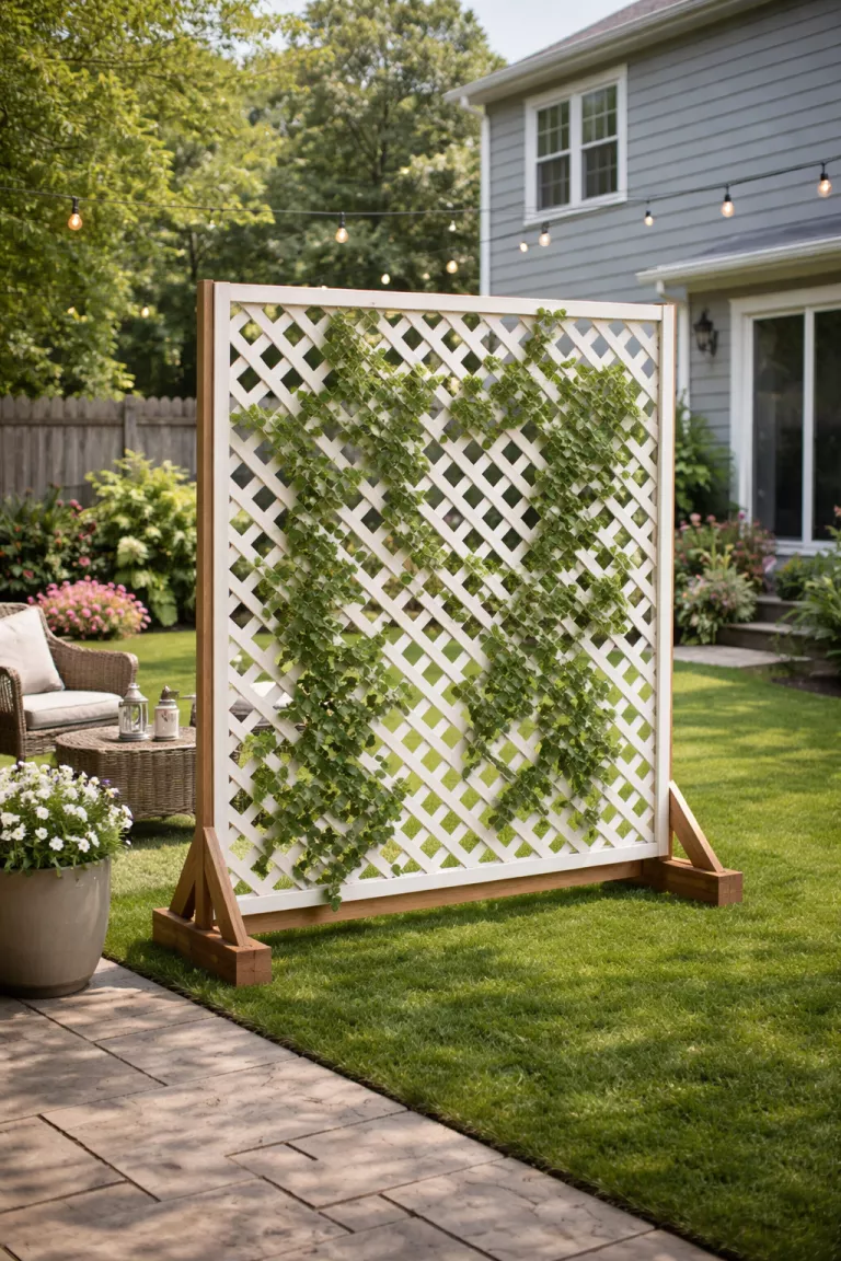 A realistic photo of a typical American home's backyard featuring a classic white lattice trellis screen mounted on a portable wooden frame with green climbing ivy plants growing through the diamond patterns.