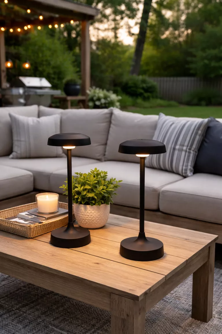 A realistic photo of a typical American home's backyard deck showing two sleek black rechargeable cordless table lamps sitting next to a small green plant on a low coffee table.