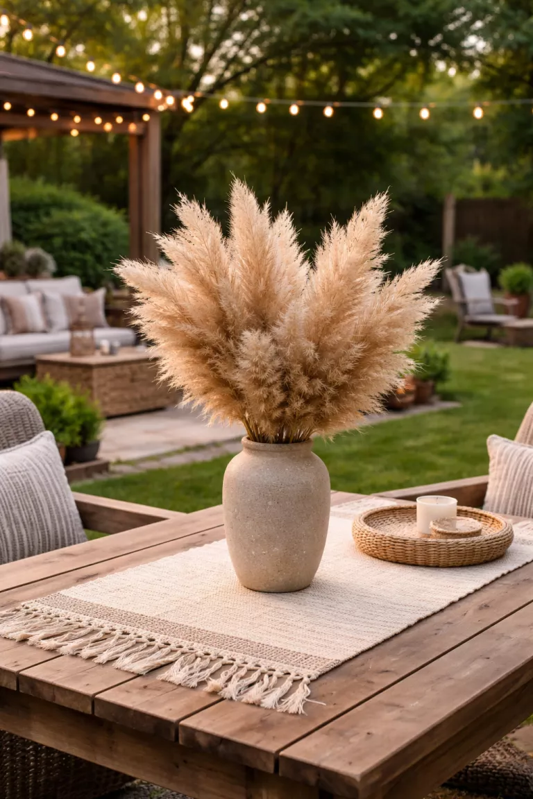 A realistic photo of a typical American home's backyard showing a beige stone vase with fluffy tan pampas grass stems sitting on a boho style fringed table runner.