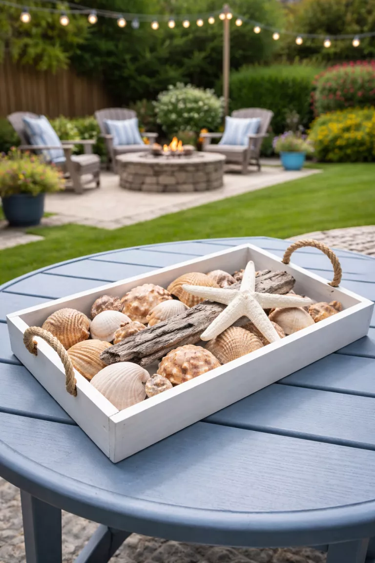 A realistic photo of a typical American home's backyard showing a white wooden tray filled with tan seashells, a white starfish, and a piece of grey driftwood on a blue patio table.