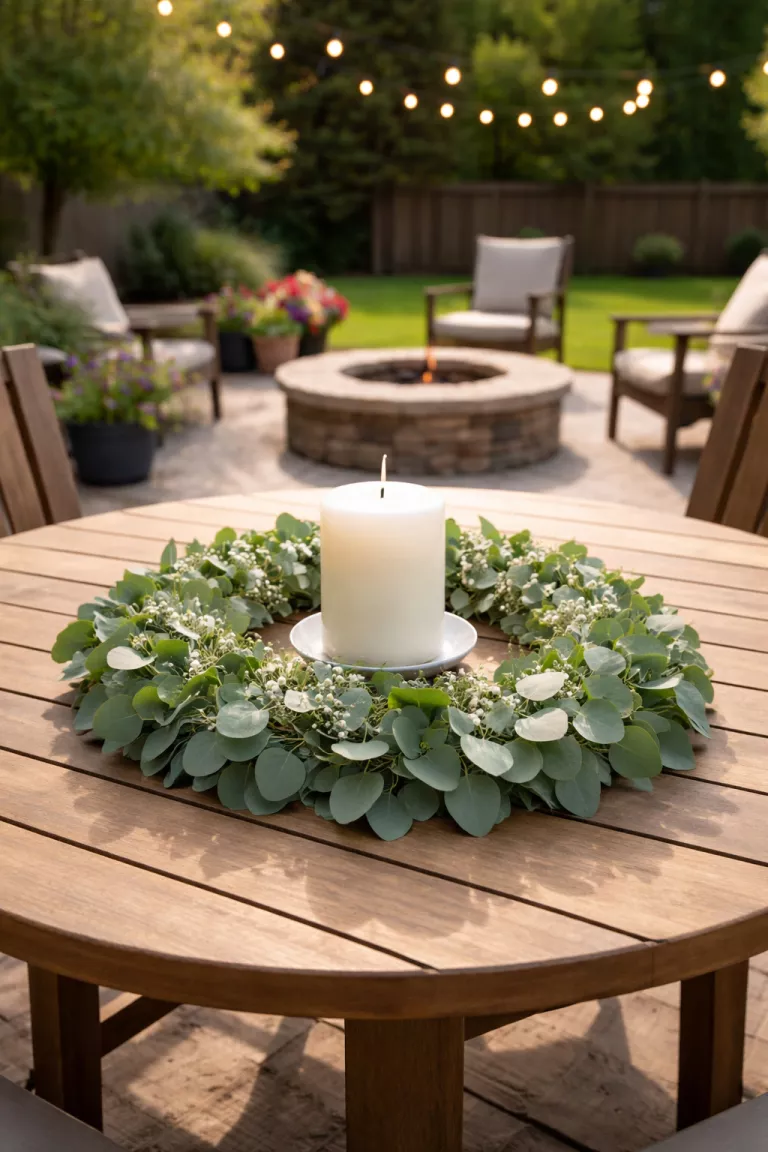 A realistic photo of a typical American home's backyard showing a green eucalyptus wreath lying flat in the center of a round wooden table with a white candle in the middle.