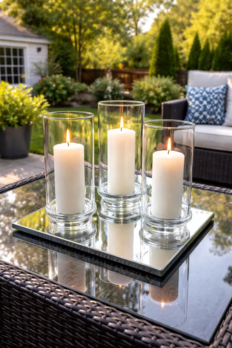 A realistic photo of a typical American home's backyard showing clear glass hurricane candle holders with tall white pillar candles sitting on a reflective mirror tray on a glass table.