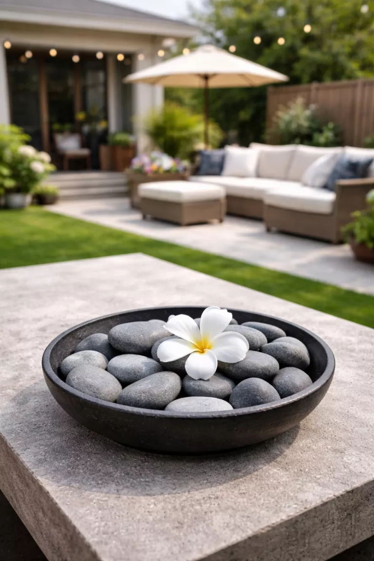 A realistic photo of a typical American home's backyard showing a shallow black dish filled with smooth grey river rocks and a single white flower on a contemporary stone table.