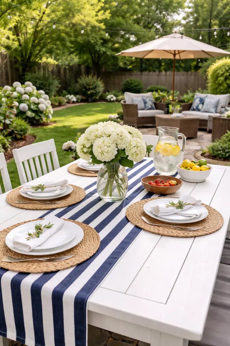 A realistic photo of a typical American home's backyard featuring a navy blue and white striped table runner topped with round jute placemats on a white wooden table.