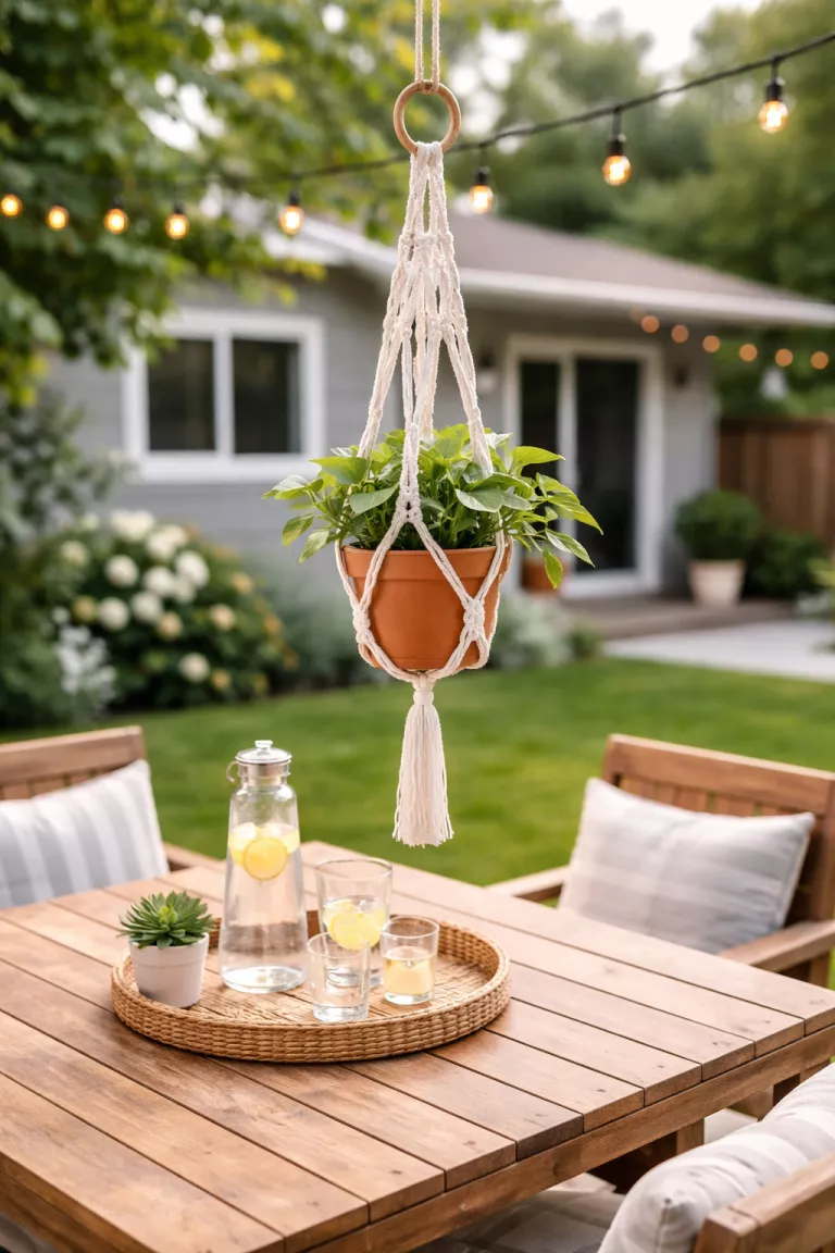 A realistic photo of a typical American home's backyard featuring a white macrame plant hanger holding a small green plant in an orange pot suspended over a wooden table.