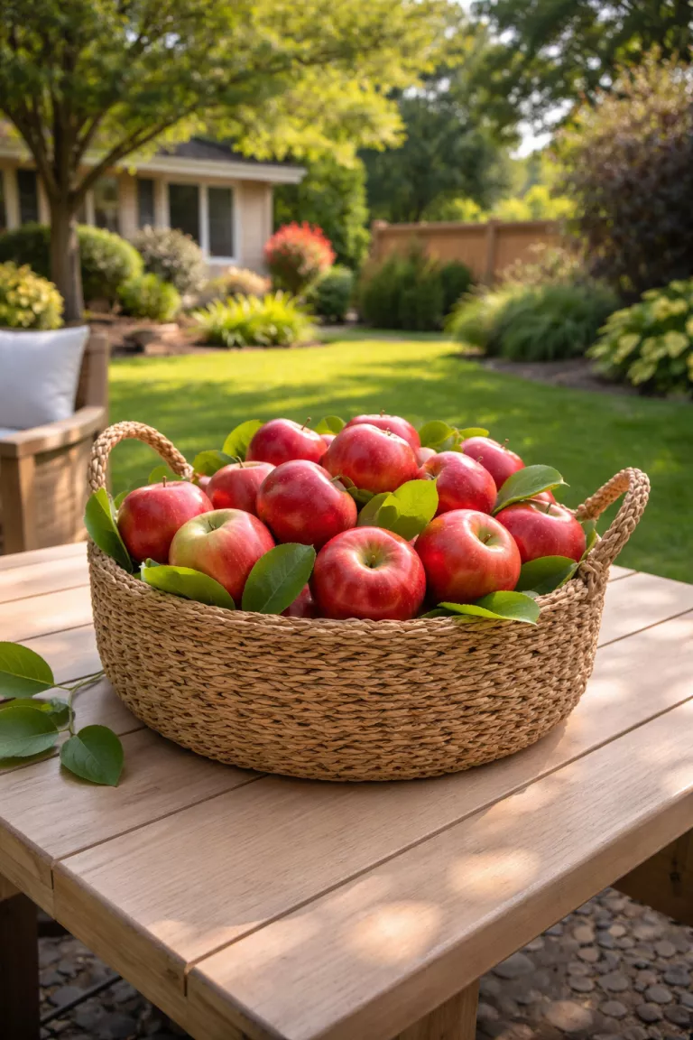 A realistic photo of a typical American home's backyard showing a brown woven seagrass basket filled with red apples and green leaves sitting on a light wood patio table.