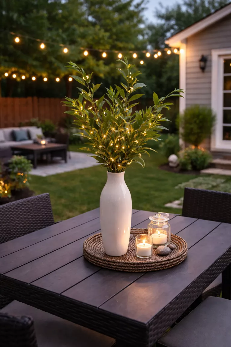 A realistic photo of a typical American home's backyard featuring a tall ceramic white vase with tall green leaf branches and small fairy lights sitting on a dark grey patio table.