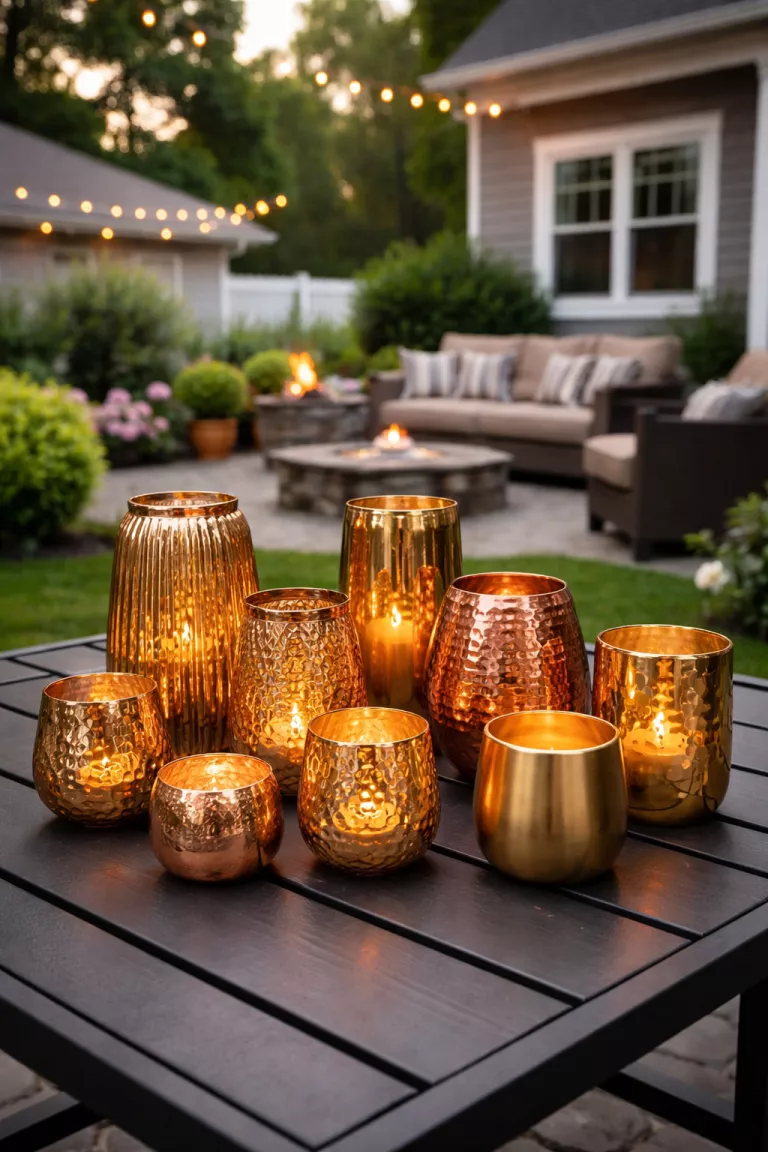 A realistic photo of a typical American home's backyard featuring a cluster of shiny gold and copper candle holders of different shapes on a dark metal table.