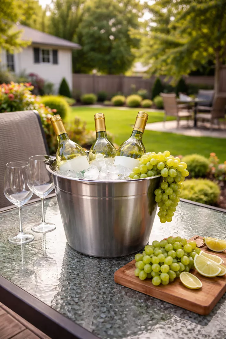A realistic photo of a typical American home's backyard featuring a silver stainless steel ice bucket filled with white wine bottles and green grapes on a glass topped table.