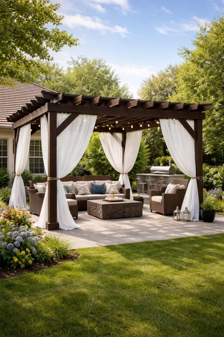 A realistic photo of a typical American home's backyard with a dark wood pergola adorned with blowing white sheer weatherproof curtains tied back with simple tan rope.