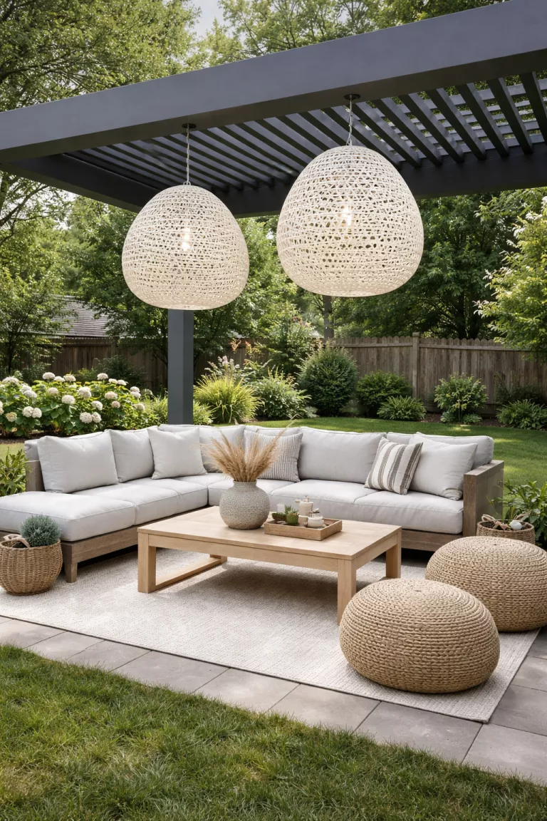 A realistic photo of a typical American home's backyard with two large oversized white woven pendant lights hanging over a modern outdoor lounge area under a grey pergola.